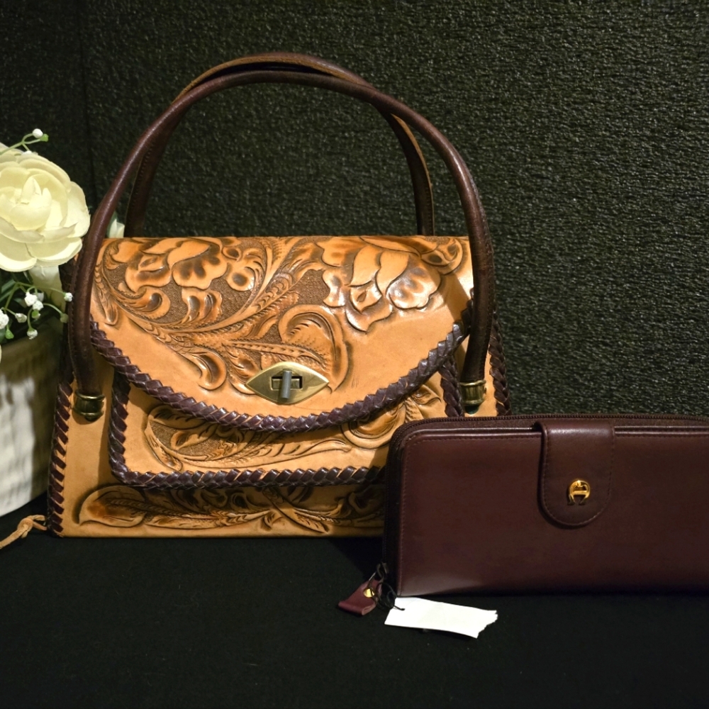 Vintage Floral Western HandTooled Leather Handbag Satchel Shoulderbag w/Wallet